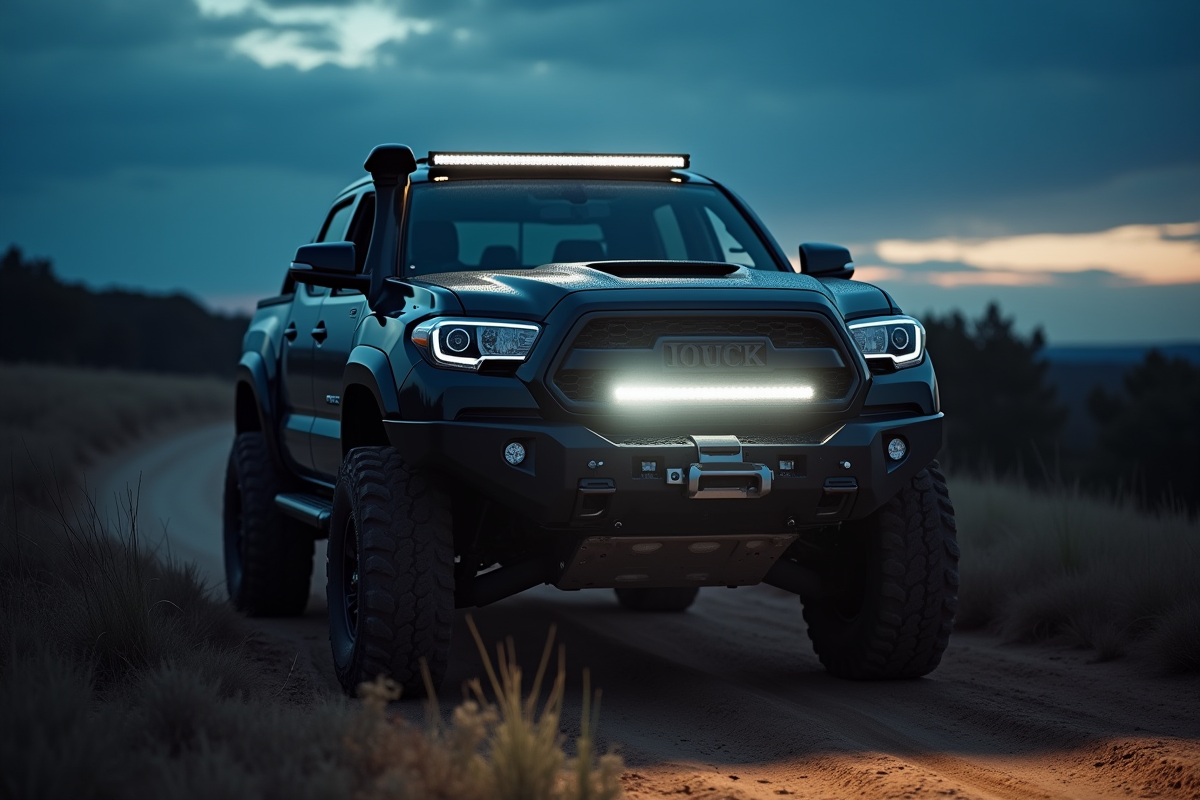 4x4 robuste avec barre LED allumée sur un sentier en soirée