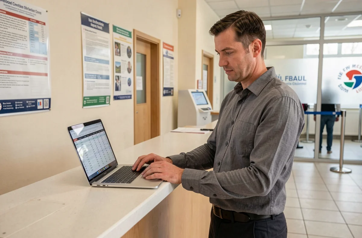 Agent municipal de catégorie C consultant une grille salariale sur ordinateur portable dans un hall de mairie en 2026