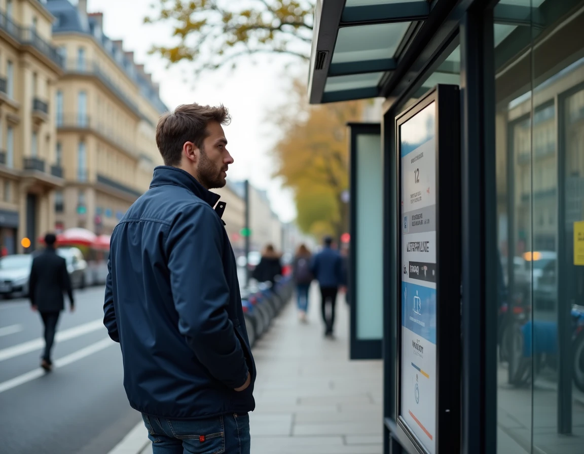 Homme consultant un panneau d'affichage de bus comme alternative à la ligne 13 du métro parisien