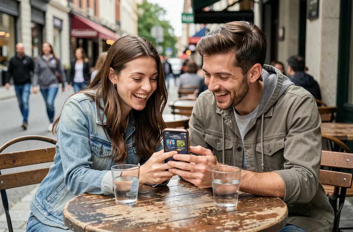 Deux amis découvrant comment obtenir des billets gratuits sur Monopoly Go depuis un café