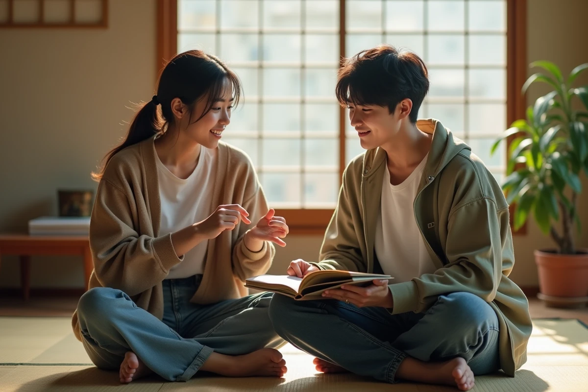 Deux amis partageant et discutant d'un manga assis sur un tatami dans un salon japonais