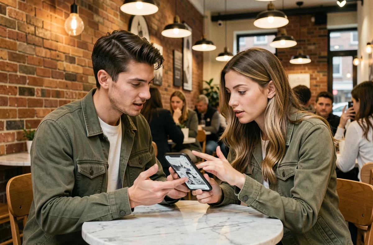 Deux amis discutant d'un site de scans manga en ligne sur smartphone dans un café urbain