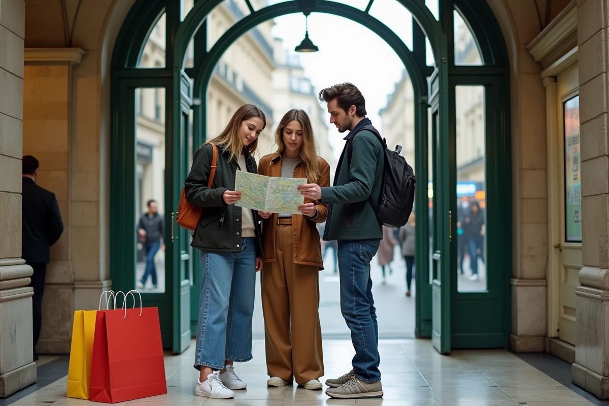 Groupe d'amis consultant un plan du métro à l'entrée de la station Havre-Caumartin avec des sacs de courses, ligne 9 Paris