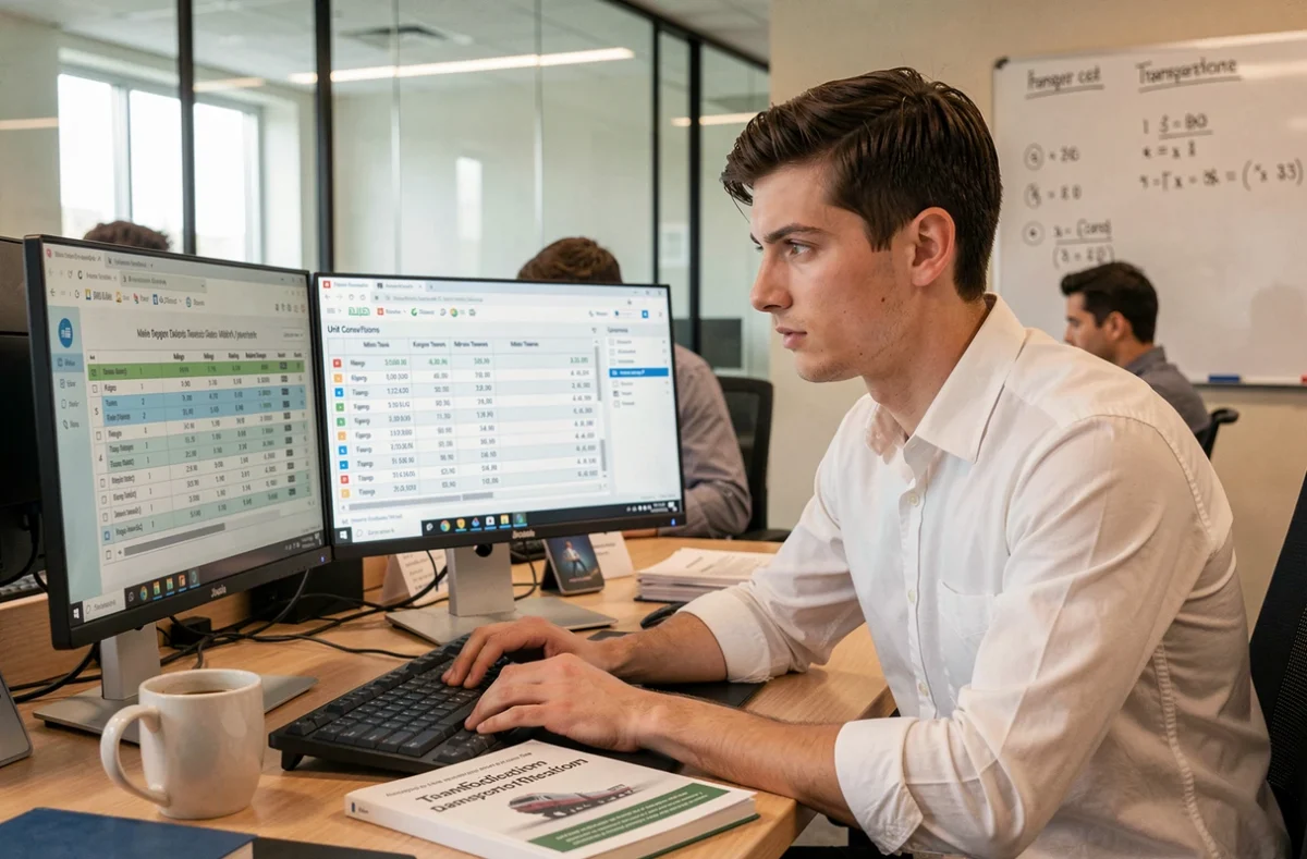 Analyste logistique calculant la conversion de kilogrammes en tonnes sur ordinateur en open space