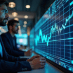 Analystes financiers examinant un graphique boursier numérique lumineux