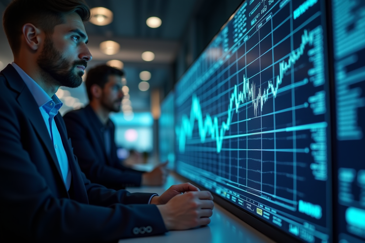 Analystes financiers examinant un graphique boursier numérique lumineux