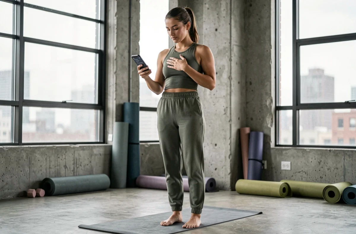Jeune femme consultant une application de mantra sur son téléphone dans un studio de yoga urbain et contemporain