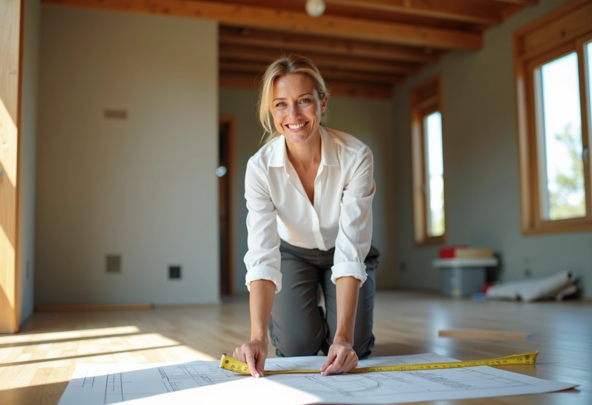Architecte femme en intérieur en construction prenant des mesures