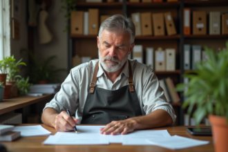 Artisan homme en train de vérifier des documents fiscaux dans son bureau