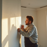 Artisan en action installant une moulure élégante dans un salon lumineux