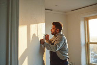 Artisan en action installant une moulure élégante dans un salon lumineux