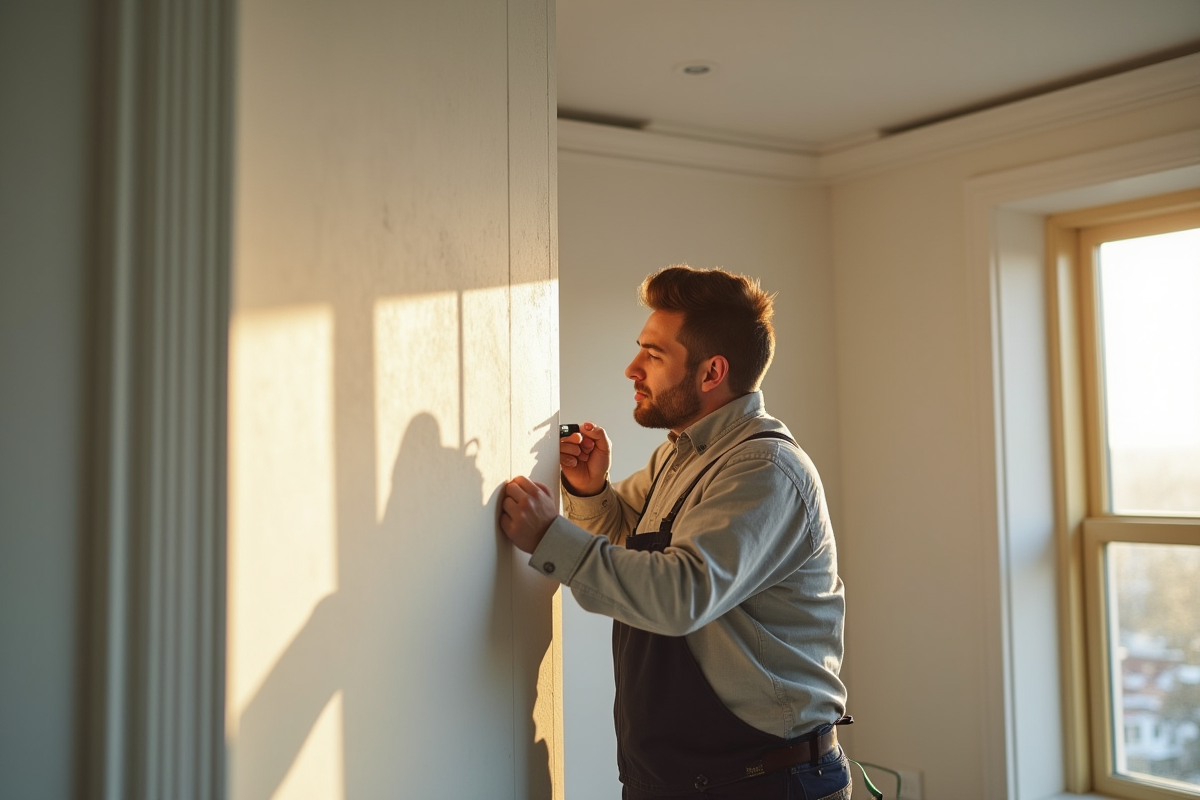 Artisan en action installant une moulure élégante dans un salon lumineux