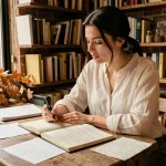 Jeune femme écrivant un poème sur la rentrée dans un atelier d'écriture chaleureux avec des feuilles manuscrites et un stylo plume