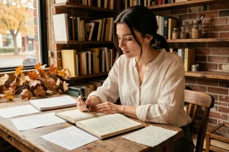 Jeune femme écrivant un poème sur la rentrée dans un atelier d'écriture chaleureux avec des feuilles manuscrites et un stylo plume