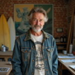 Homme d'âge moyen dans un atelier de surf vintage