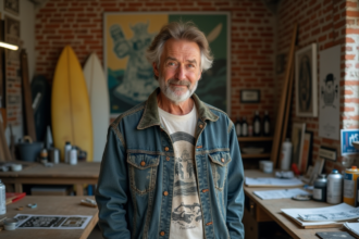 Homme d'âge moyen dans un atelier de surf vintage