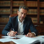 Avocat en costume marine consultant des documents juridiques dans un cabinet de droit français, illustrant l'étude de l'article 750-1 du Code de procédure civile