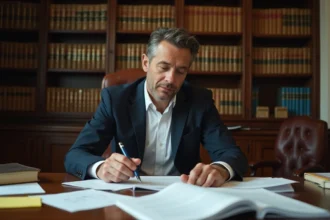 Avocat en costume marine consultant des documents juridiques dans un cabinet de droit français, illustrant l'étude de l'article 750-1 du Code de procédure civile
