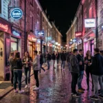 Rue animée d'une ville bretonne la nuit avec des entrées de boîtes de nuit éclairées au néon et de jeunes adultes devant les clubs