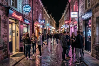 Rue animée d'une ville bretonne la nuit avec des entrées de boîtes de nuit éclairées au néon et de jeunes adultes devant les clubs