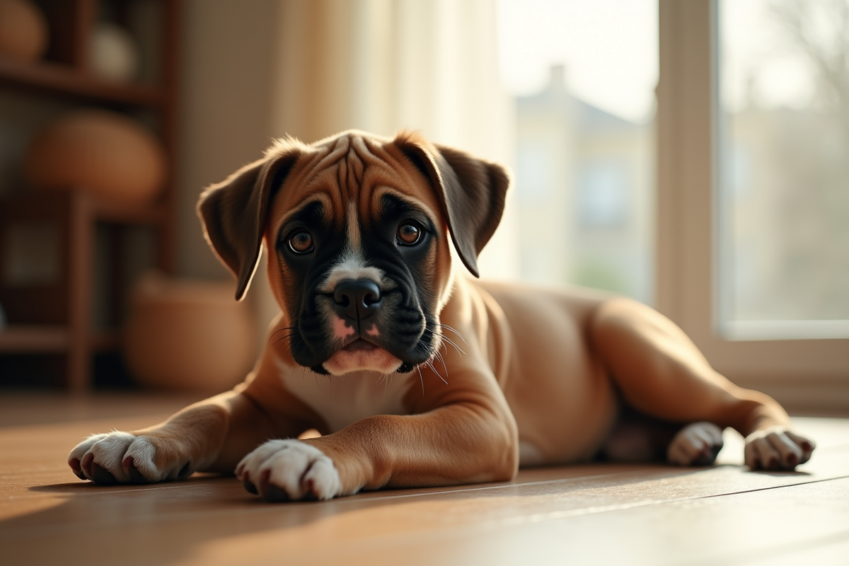 Chiot boxer allonge sur un sol en bois lumineux
