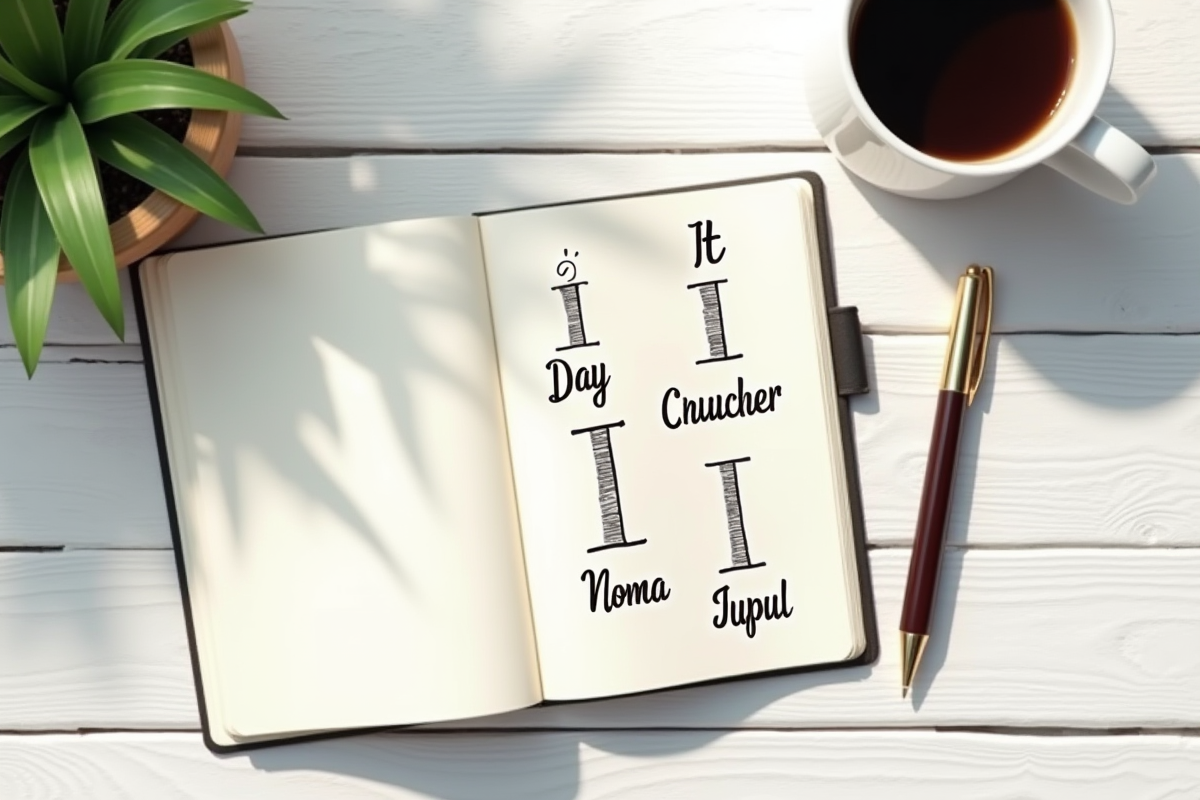 Page de carnet avec noms en I et tasse de cafe