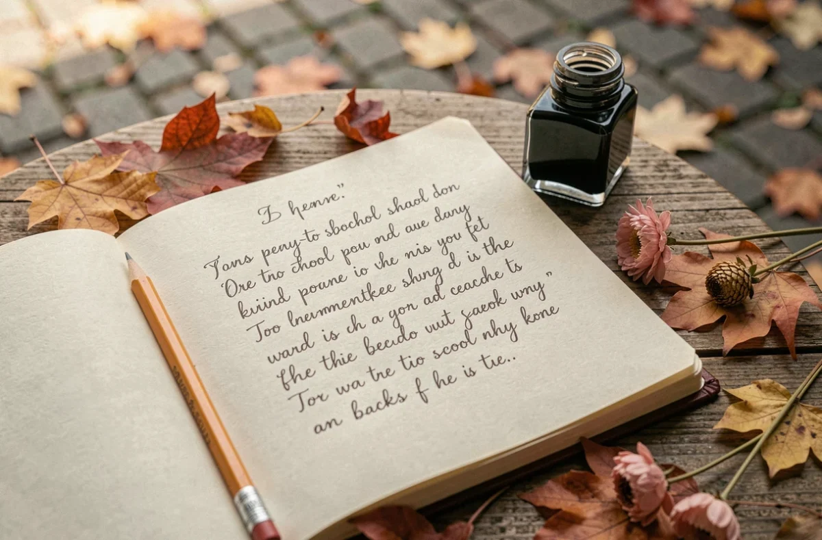 Carnet ouvert avec un poème sur la rentrée écrit à la main en cursive, entouré de feuilles d'automne et d'un crayon sur une table en bois