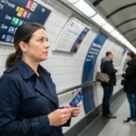 Femme tenant une carte Navigo dans une station de métro parisienne avec panneau de zones Île-de-France en arrière-plan