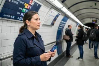 Femme tenant une carte Navigo dans une station de métro parisienne avec panneau de zones Île-de-France en arrière-plan
