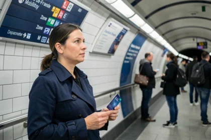 Femme tenant une carte Navigo dans une station de métro parisienne avec panneau de zones Île-de-France en arrière-plan
