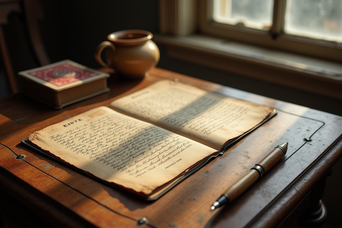 Ancien jeu de cartes et règle manuscrite sur une table en bois