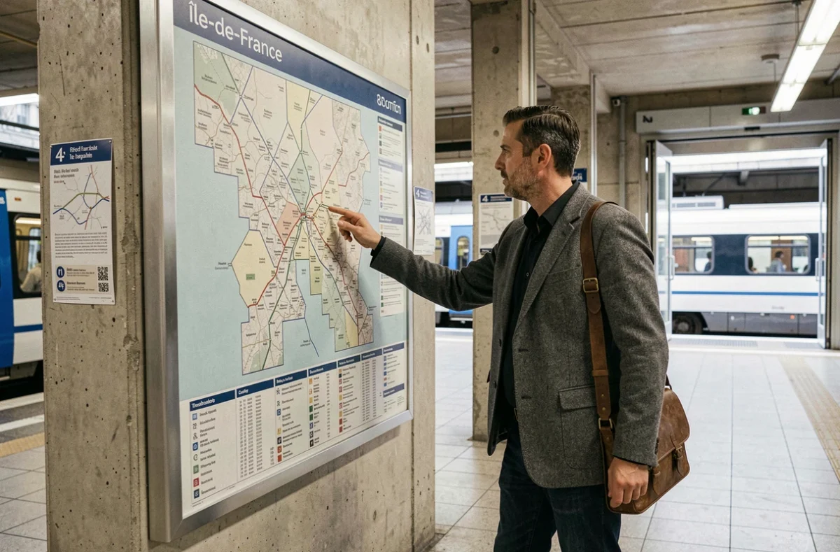 Homme consultant une carte des zones de transport Île-de-France sur un quai de gare RER en banlieue parisienne