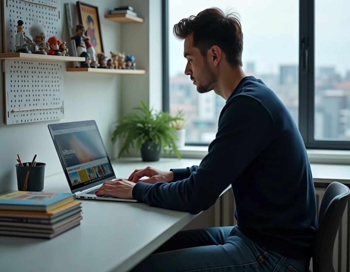 Homme consultant un site de catalogue de mangas sur ordinateur portable à son bureau, avec des volumes manga empilés à côté
