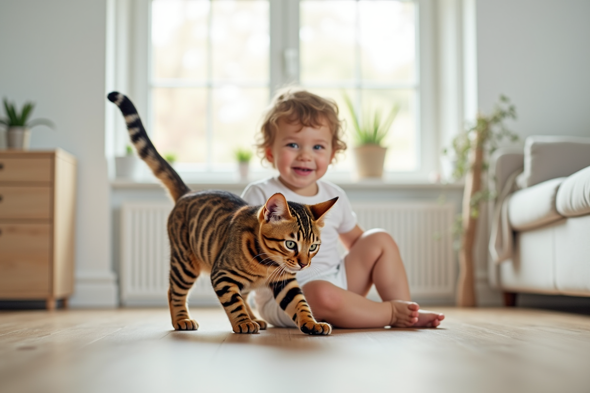 Chat Bengal jouant avec un enfant dans un salon lumineux
