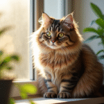 Chat Siberien sur une fenêtre ensoleillée entouré de plantes vertes
