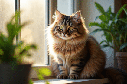 Chat Siberien sur une fenêtre ensoleillée entouré de plantes vertes