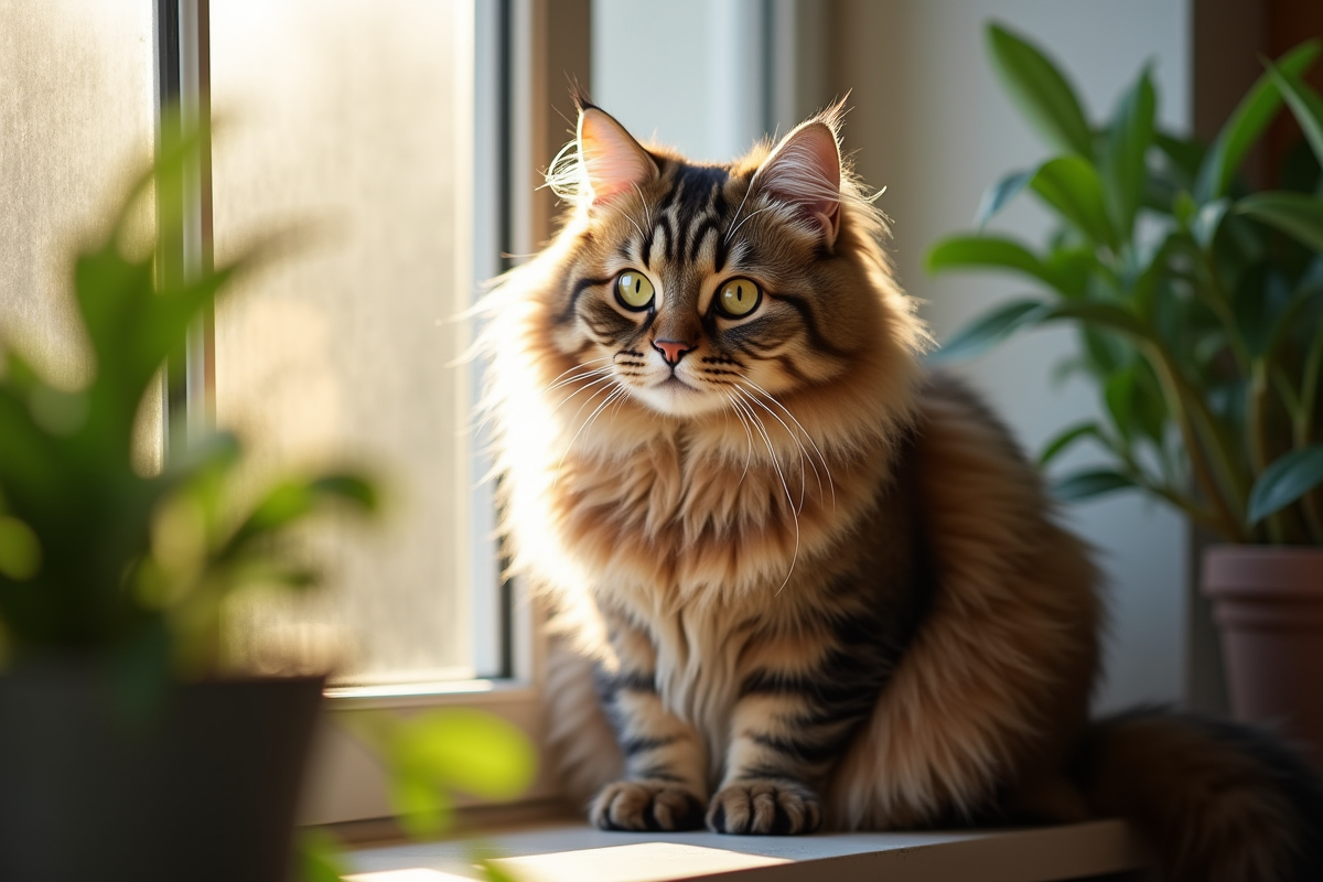 Chat Siberien sur une fenêtre ensoleillée entouré de plantes vertes