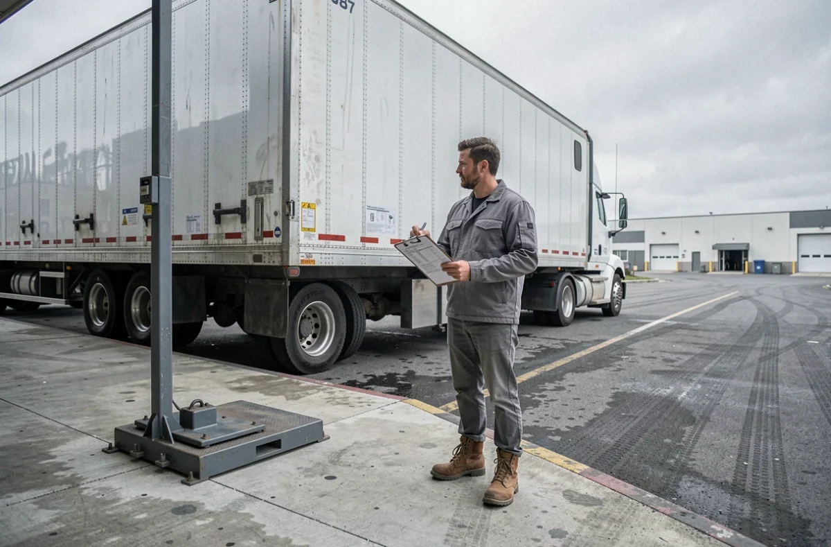 Chauffeur de camion vérifiant le poids en tonnes d'un chargement sur palette à quai de chargement