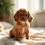 Miniature cocker spaniel chiot sur une couverture beige en intérieur