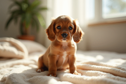 Miniature cocker spaniel chiot sur une couverture beige en intérieur