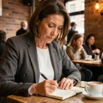 Femme lisant une citation dans un carnet dans un café, expression ironique et pensive illustrant les faux-semblants