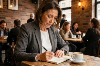 Femme lisant une citation dans un carnet dans un café, expression ironique et pensive illustrant les faux-semblants