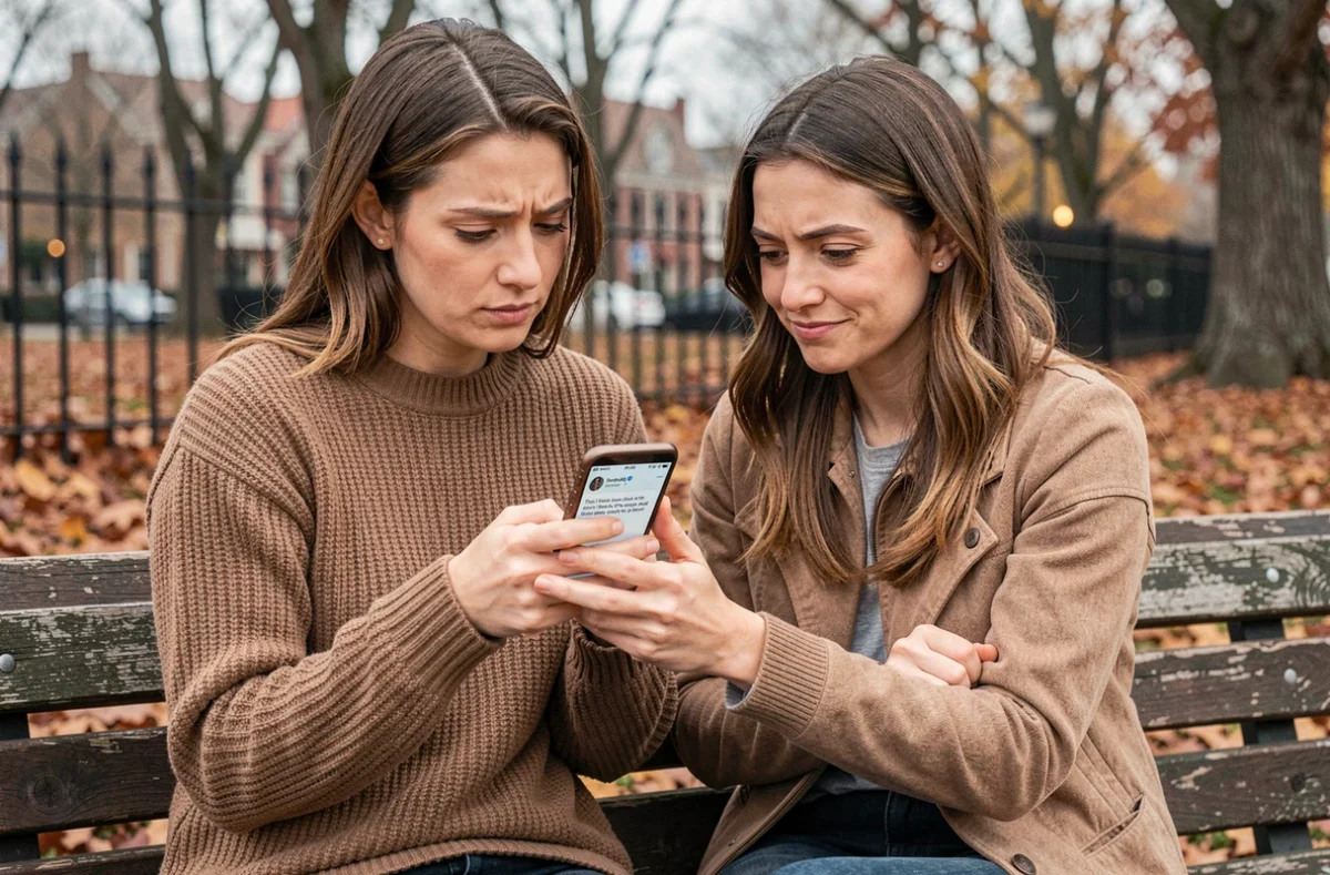 Deux femmes dans un parc regardant une citation sur un smartphone, expression sceptique illustrant la critique des discours hypocrites