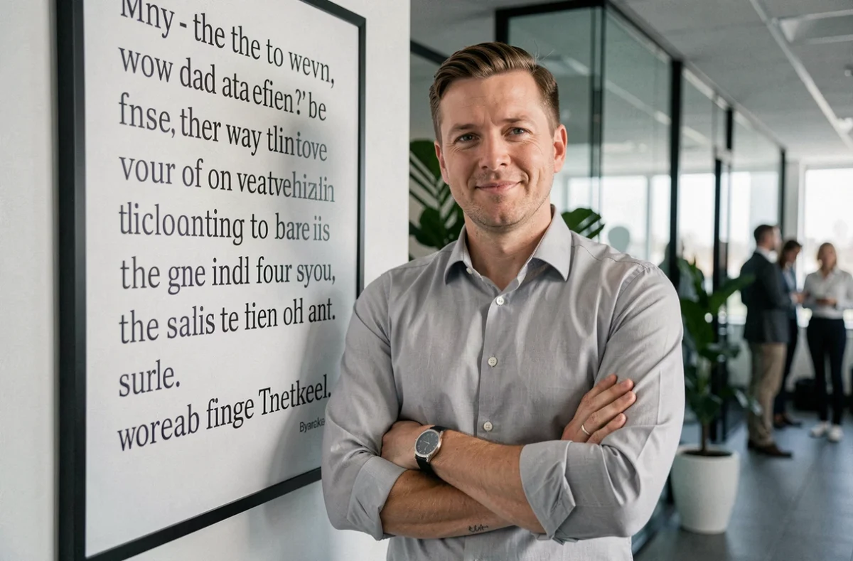 Homme en bureau devant une affiche de citation motivante, posture contradictoire évoquant l'hypocrisie des discours corporate