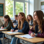 Groupe de lycéens attentifs en classe moderne