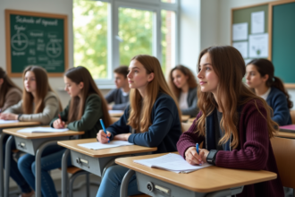 Groupe de lycéens attentifs en classe moderne
