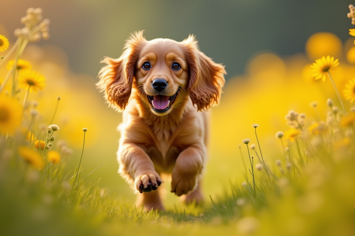 Cocker spaniel adulte courant dans un champ de fleurs sauvages