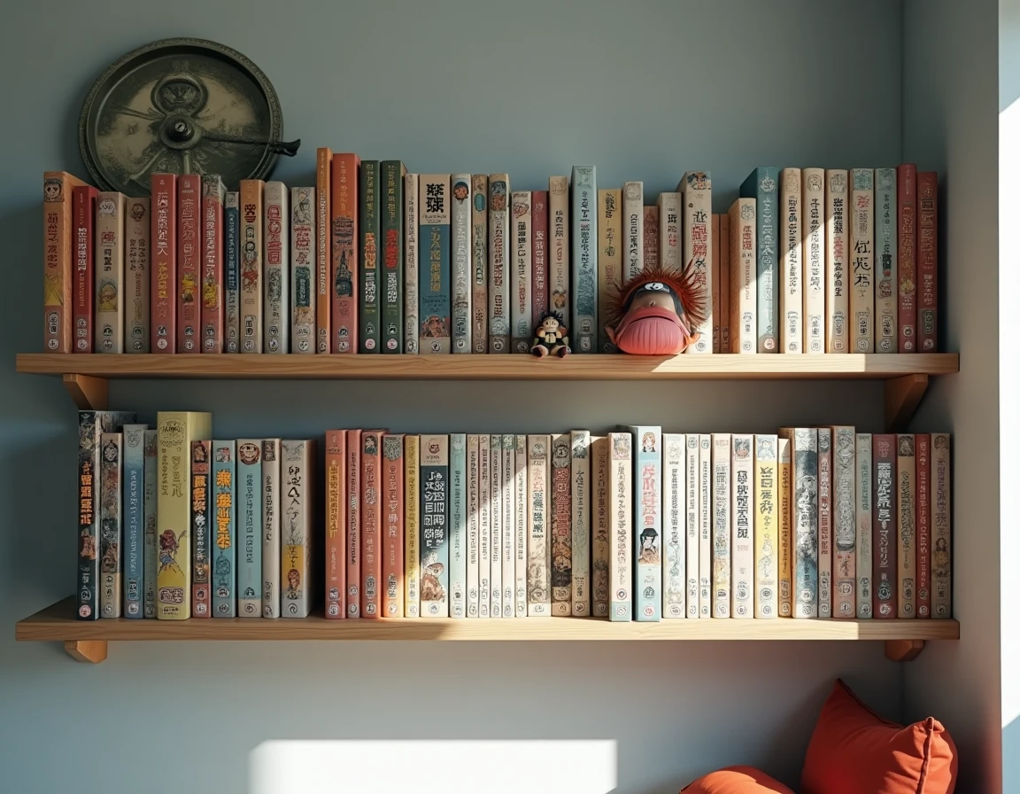 Étagère complète de la collection One Piece avec tous les tomes en ordre et une figurine de pirate