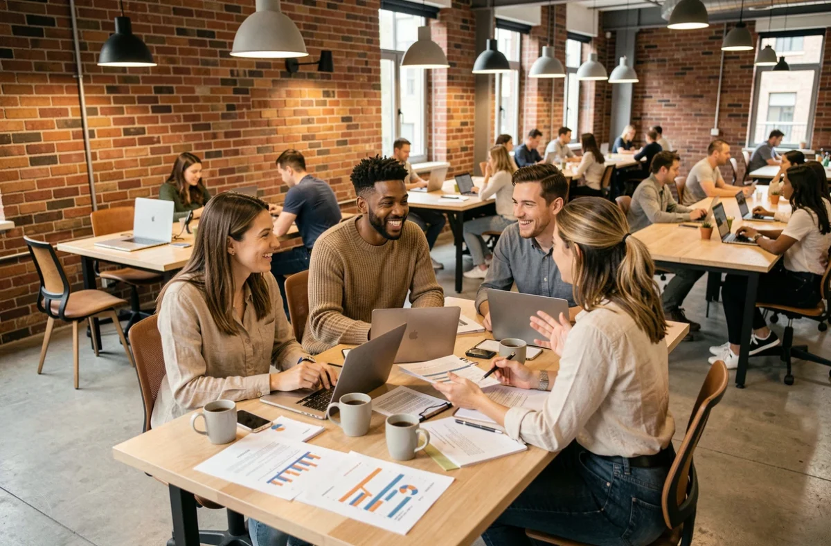 Groupe de collègues en réunion debout dans un espace de coworking, discutant d'un projet professionnel important lié à une promotion ou reconversion