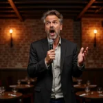 Comique français homme en représentation sur scène dans un club de comédie parisien, micro en main, expression absurde et engagée